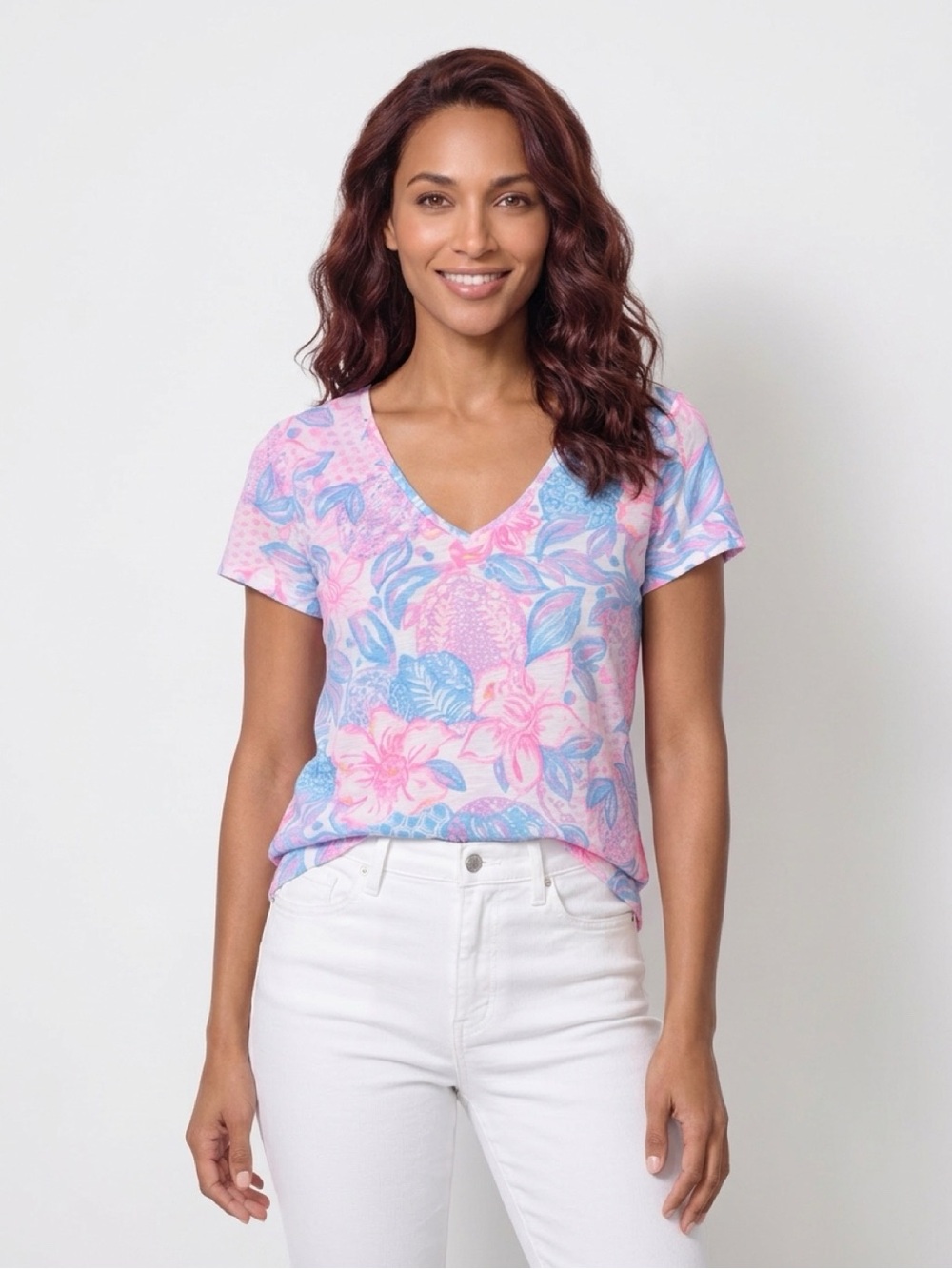 🔥🔥🆕💕🌴LILLY PULITZER🌴ETTA V-NECK TOP/PINK ISLE SNAPPY TURTLE